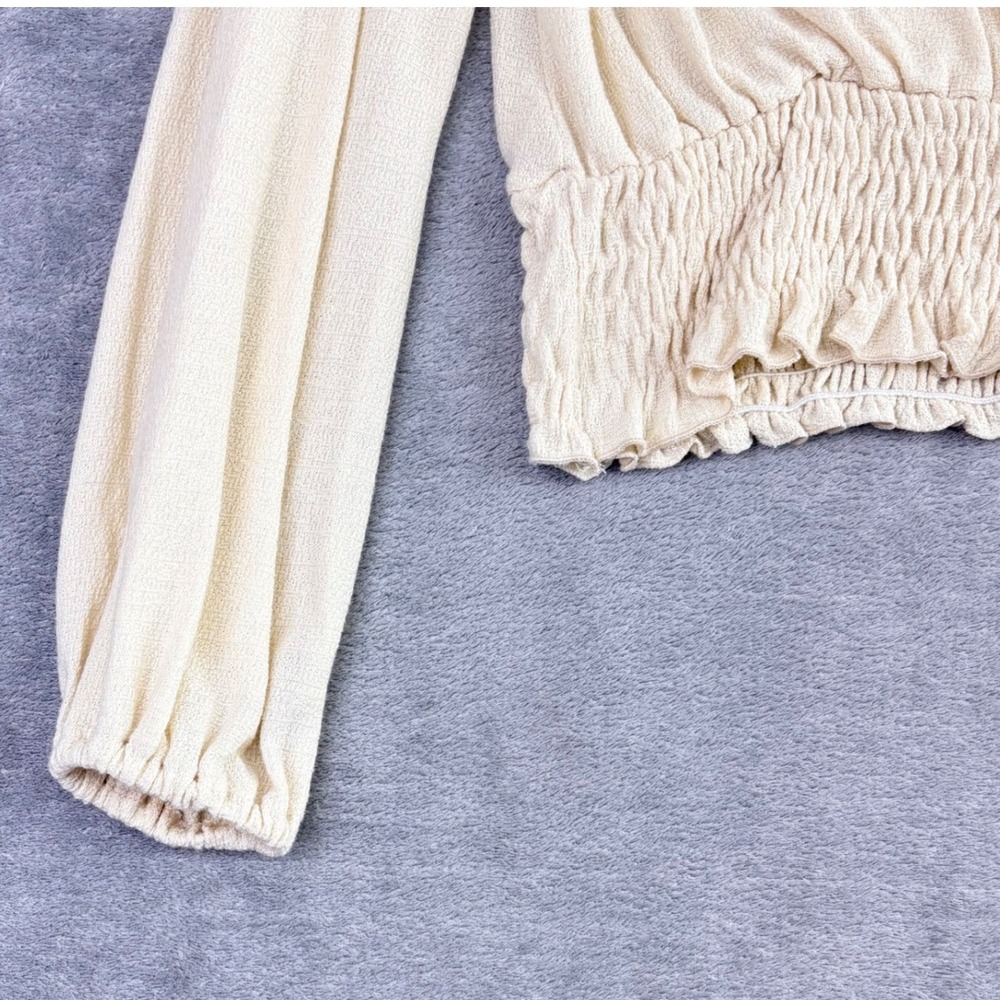 Everleigh Womens S‎ Cream Surplice Wrap Top Smocked Waist Bishop Sleeve Casual - Picture 6 of 8